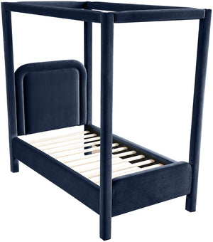 Meridian Furniture Salina Upholstered Twin Canopy Bed Sculptural Four Post Frame for Modern Bedroom Decor Navy Velvet B1295Navy-T