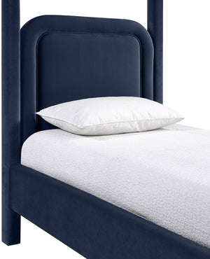 Meridian Furniture Salina Upholstered Twin Canopy Bed Sculptural Four Post Frame for Modern Bedroom Decor Navy Velvet B1295Navy-T