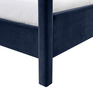 Meridian Furniture Salina Upholstered Twin Canopy Bed Sculptural Four Post Frame for Modern Bedroom Decor Navy Velvet B1295Navy-T