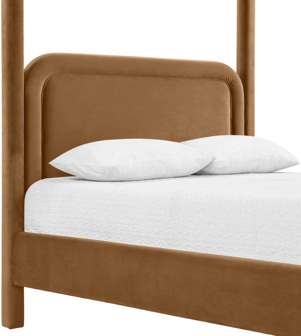 Meridian Furniture Salina Upholstered Canopy King Bed with Sculptural Four Post Frame for Modern Bedrooms Saddle Velvet B1295Saddle-K