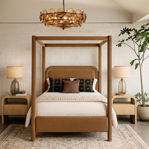 Meridian Furniture Salina Upholstered Canopy Queen Bed Four Post Sculptural Frame for Modern Bedrooms Saddle Velvet B1295Saddle-Q