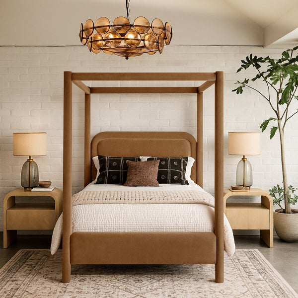 Meridian Furniture Salina Upholstered Canopy Queen Bed Four Post Sculptural Frame for Modern Bedrooms Saddle Velvet B1295Saddle-Q