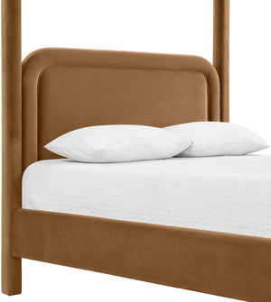 Meridian Furniture Salina Upholstered Canopy Queen Bed Four Post Sculptural Frame for Modern Bedrooms Saddle Velvet B1295Saddle-Q