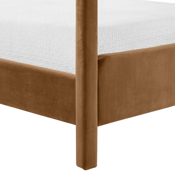 Meridian Furniture Salina Upholstered Canopy Queen Bed Four Post Sculptural Frame for Modern Bedrooms Saddle Velvet B1295Saddle-Q