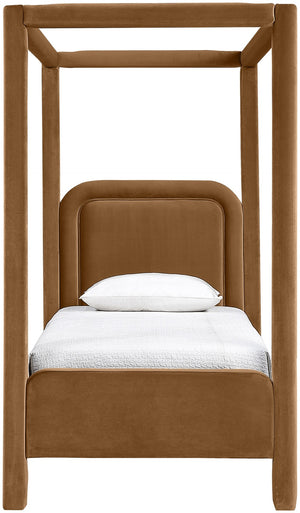 Meridian Furniture Salina Upholstered Twin Canopy Bed Sculptural Four Post Frame for Modern Bedroom Decor Saddle Velvet B1295Saddle-T