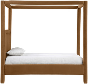 Meridian Furniture Salina Upholstered Twin Canopy Bed Sculptural Four Post Frame for Modern Bedroom Decor Saddle Velvet B1295Saddle-T