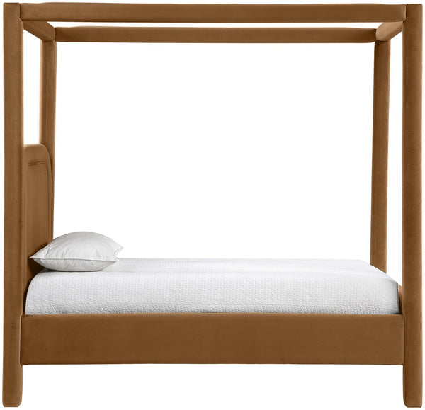Meridian Furniture Salina Upholstered Twin Canopy Bed Sculptural Four Post Frame for Modern Bedroom Decor Saddle Velvet B1295Saddle-T