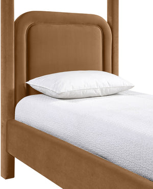 Meridian Furniture Salina Upholstered Twin Canopy Bed Sculptural Four Post Frame for Modern Bedroom Decor Saddle Velvet B1295Saddle-T