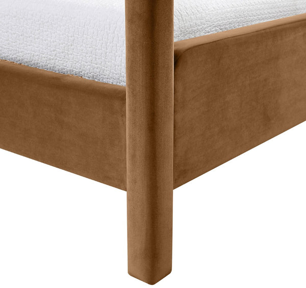 Meridian Furniture Salina Upholstered Twin Canopy Bed Sculptural Four Post Frame for Modern Bedroom Decor Saddle Velvet B1295Saddle-T