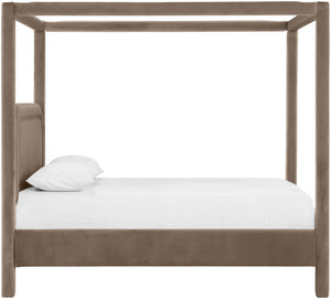 Meridian Furniture Salina Upholstered Canopy King Bed with Sculptural Four Post Frame for Modern Bedrooms Taupe Velvet B1295Taupe-K