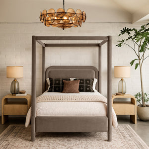 Meridian Furniture Salina Upholstered Canopy Queen Bed Four Post Sculptural Frame for Modern Bedrooms Taupe Velvet B1295Taupe-Q