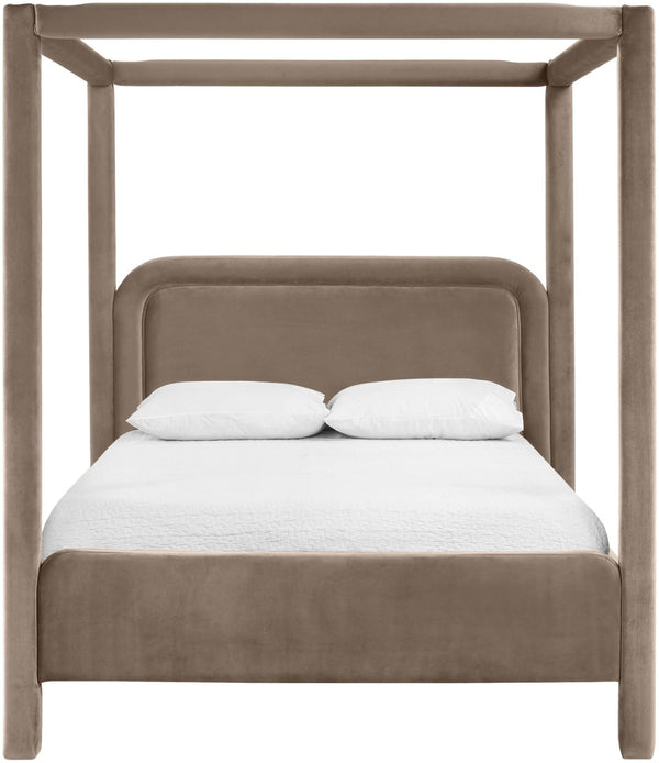 Meridian Furniture Salina Upholstered Canopy Queen Bed Four Post Sculptural Frame for Modern Bedrooms Taupe Velvet B1295Taupe-Q