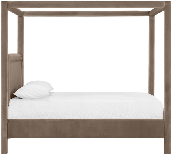 Meridian Furniture Salina Upholstered Canopy Queen Bed Four Post Sculptural Frame for Modern Bedrooms Taupe Velvet B1295Taupe-Q