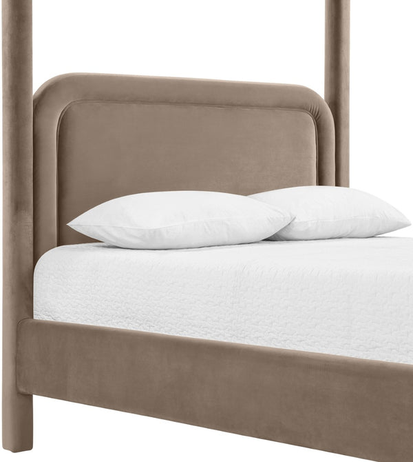 Meridian Furniture Salina Upholstered Canopy Queen Bed Four Post Sculptural Frame for Modern Bedrooms Taupe Velvet B1295Taupe-Q