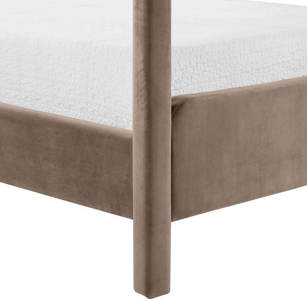 Meridian Furniture Salina Upholstered Canopy Queen Bed Four Post Sculptural Frame for Modern Bedrooms Taupe Velvet B1295Taupe-Q