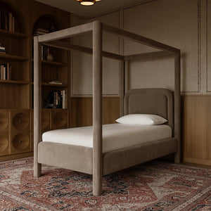 Meridian Furniture Salina Upholstered Twin Canopy Bed Sculptural Four Post Frame for Modern Bedroom Decor Taupe Velvet B1295Taupe-T