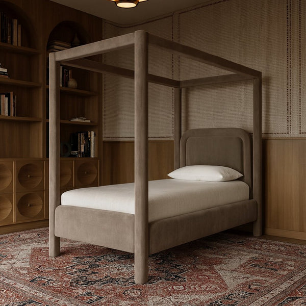 Meridian Furniture Salina Upholstered Twin Canopy Bed Sculptural Four Post Frame for Modern Bedroom Decor Taupe Velvet B1295Taupe-T