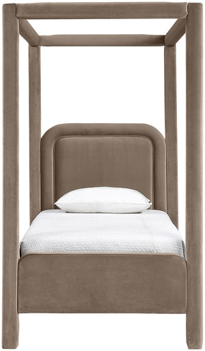 Meridian Furniture Salina Upholstered Twin Canopy Bed Sculptural Four Post Frame for Modern Bedroom Decor Taupe Velvet B1295Taupe-T