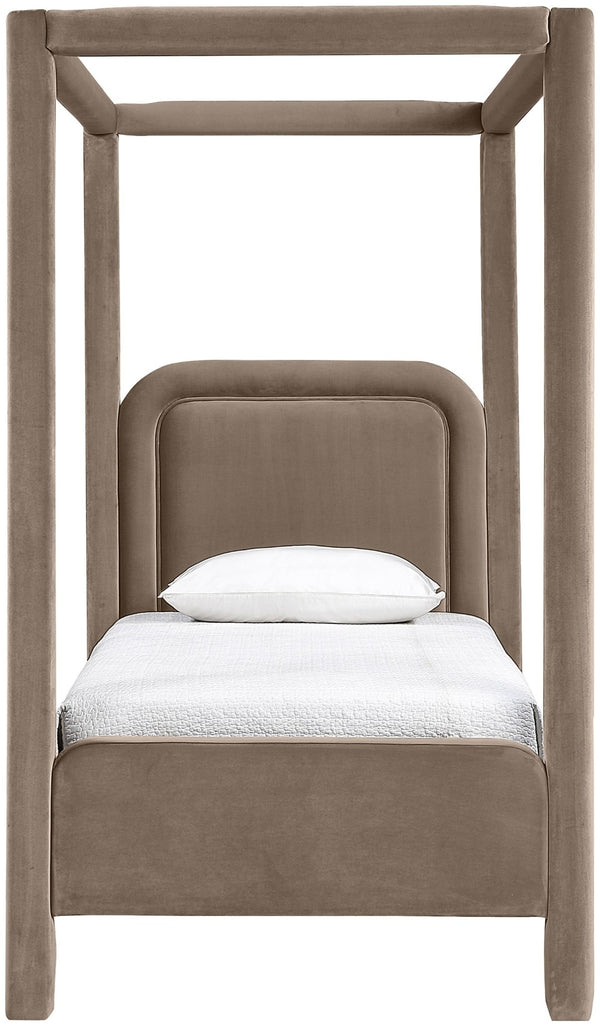 Meridian Furniture Salina Upholstered Twin Canopy Bed Sculptural Four Post Frame for Modern Bedroom Decor Taupe Velvet B1295Taupe-T