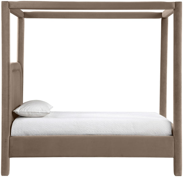 Meridian Furniture Salina Upholstered Twin Canopy Bed Sculptural Four Post Frame for Modern Bedroom Decor Taupe Velvet B1295Taupe-T