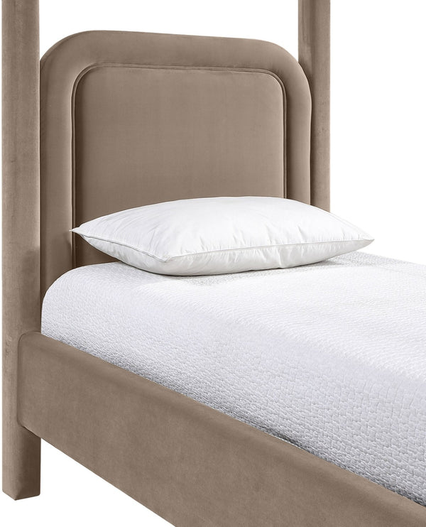 Meridian Furniture Salina Upholstered Twin Canopy Bed Sculptural Four Post Frame for Modern Bedroom Decor Taupe Velvet B1295Taupe-T