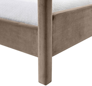 Meridian Furniture Salina Upholstered Twin Canopy Bed Sculptural Four Post Frame for Modern Bedroom Decor Taupe Velvet B1295Taupe-T