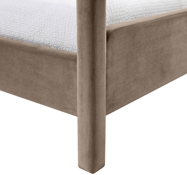 Meridian Furniture Salina Upholstered Twin Canopy Bed Sculptural Four Post Frame for Modern Bedroom Decor Taupe Velvet B1295Taupe-T
