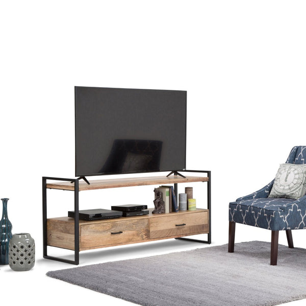 English Elm Riverside Solid Mango Hardwood Tv Stand with Industrial Metal Base for Living Rooms B136P158213