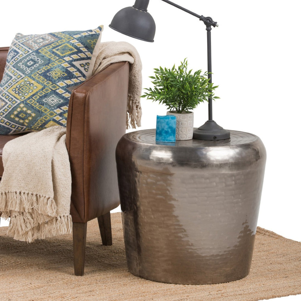 English Elm Troy Hand-hammered Solid Metal Drum Side Table with Antique Silver Artisan Finish B136P158970