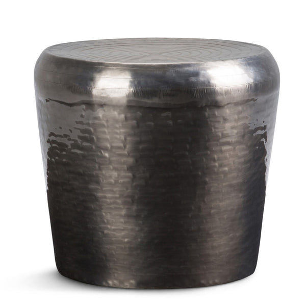 English Elm Troy Hand-hammered Solid Metal Drum Side Table with Antique Silver Artisan Finish B136P158970