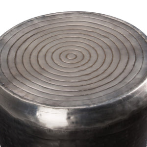 English Elm Troy Hand-hammered Solid Metal Drum Side Table with Antique Silver Artisan Finish B136P158970