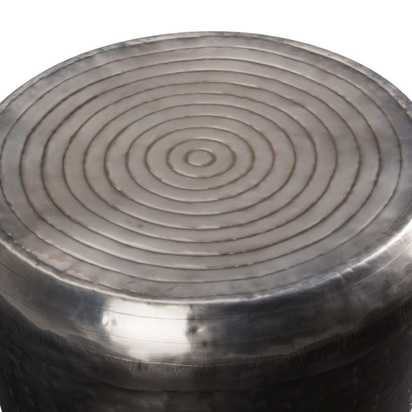 English Elm Troy Hand-hammered Solid Metal Drum Side Table with Antique Silver Artisan Finish B136P158970