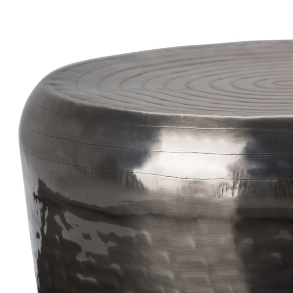 English Elm Troy Hand-hammered Solid Metal Drum Side Table with Antique Silver Artisan Finish B136P158970