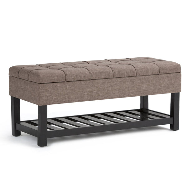 English Elm Saxon Tufted Linen Storage Bench with Lift Top Hidden Compartment and Slat Shelf B136P159130