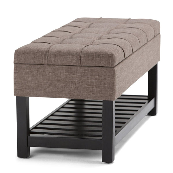 English Elm Saxon Tufted Linen Storage Bench with Lift Top Hidden Compartment and Slat Shelf B136P159130