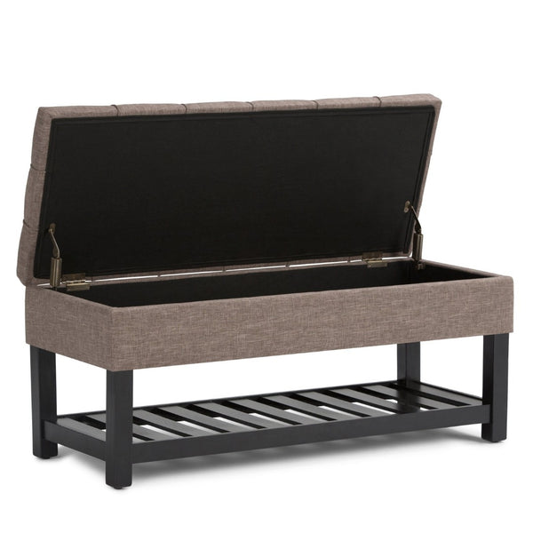 English Elm Saxon Tufted Linen Storage Bench with Lift Top Hidden Compartment and Slat Shelf B136P159130
