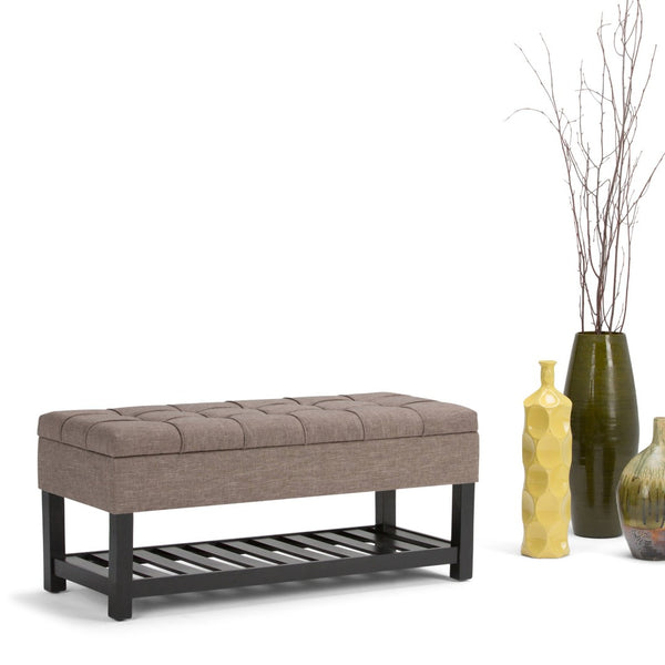 English Elm Saxon Tufted Linen Storage Bench with Lift Top Hidden Compartment and Slat Shelf B136P159130