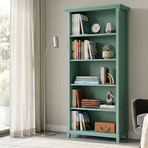 English Elm Amherst Solid Pine Five Shelf Bookcase with Molding Detail for Home Office Display Sage Green B136P510057