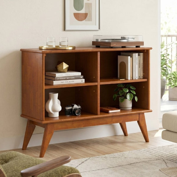English Elm Draper Mid-Century Modern Four Shelf Bookcase Solid Wood Teak Brown Living Room B136P510058