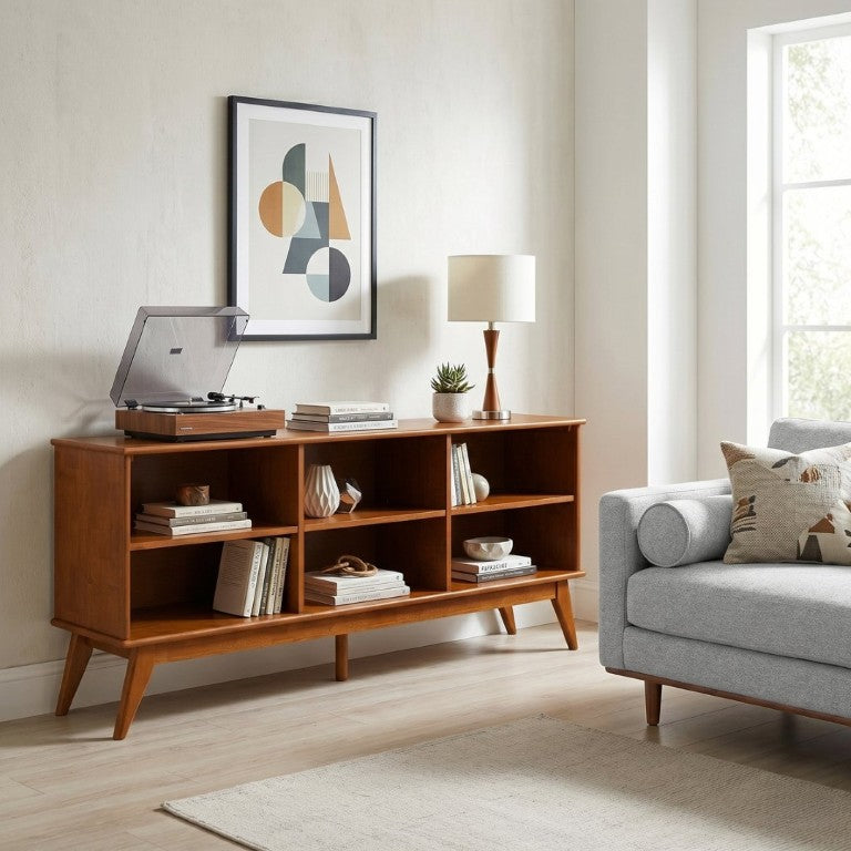 English Elm Draper Mid-Century Modern Low Bookcase Solid Wood Teak Finish Six Shelf Living Room B136P510060