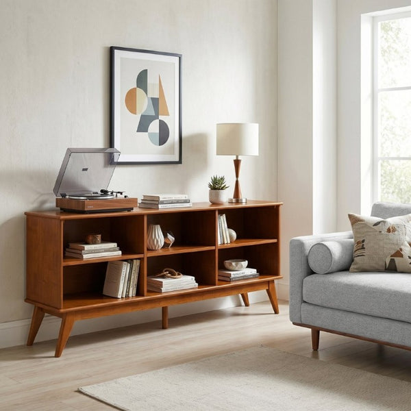 English Elm Draper Mid-Century Modern Low Bookcase Solid Wood Teak Finish Six Shelf Living Room B136P510060