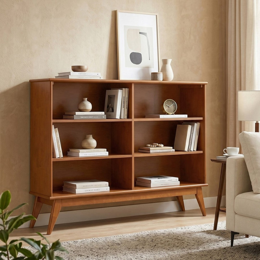 English Elm Draper Solid Wood Six Shelf Bookcase with Tapered Legs Mid-century Modern Teak Finish B136P510061