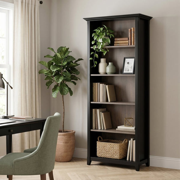 English Elm Amherst Solid Pine Five Shelf Bookcase with Molding Detail for Home Office Display Brown B136P510062