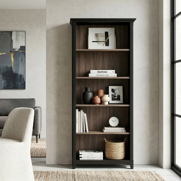 English Elm Amherst Solid Pine Five Shelf Bookcase with Molding Detail for Home Office Display Brown B136P510062