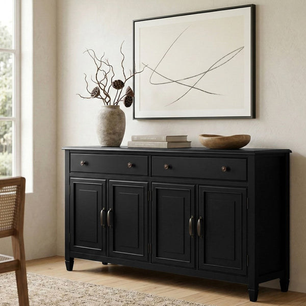 English Elm Connaught Solid Wood Buffet with Bronze Hardware and Raised Panel Doors for Dining Black B136P510690