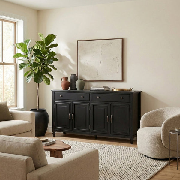 English Elm Connaught Solid Wood Buffet with Bronze Hardware and Raised Panel Doors for Dining Black B136P510690