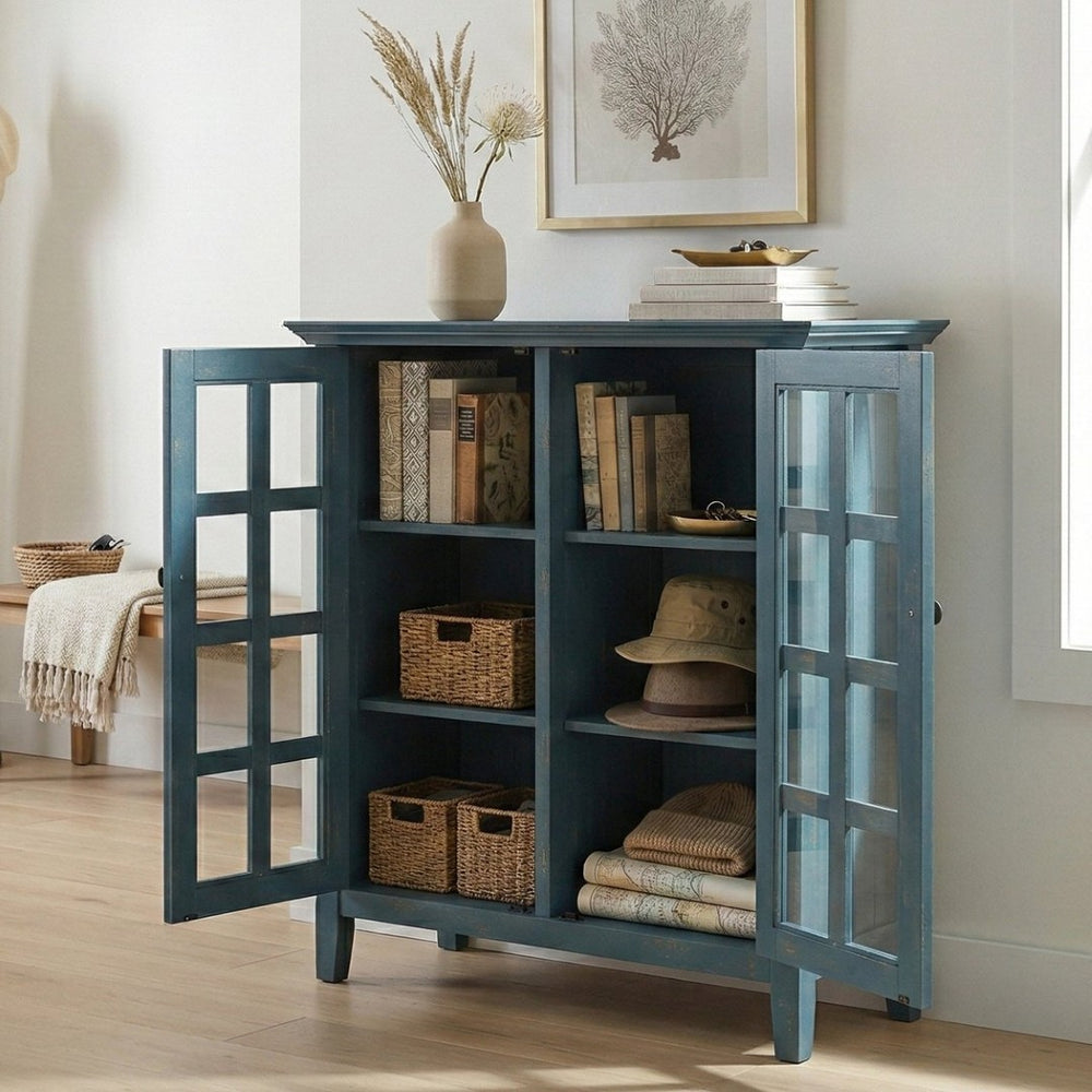 English Elm Acadian Solid Pine Storage Cabinet with Glass Doors Coastal Blue Farmhouse Finish B136P510691