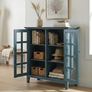 English Elm Acadian Solid Pine Storage Cabinet with Glass Doors Coastal Blue Farmhouse Finish B136P510691
