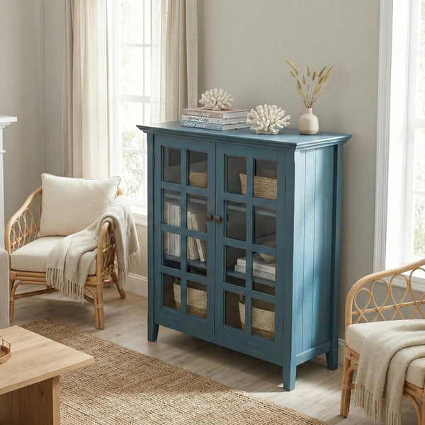 English Elm Acadian Solid Pine Storage Cabinet with Glass Doors Coastal Blue Farmhouse Finish B136P510691