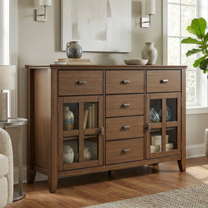 English Elm Artisan Pine Sideboard with Six Drawers and Glass Doors for Dining Room Storage B136P515442